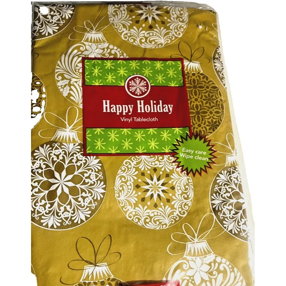 Christmas Ball Ornaments Gold Vinyl Tablecloth Flannel Backed Holiday 52x90